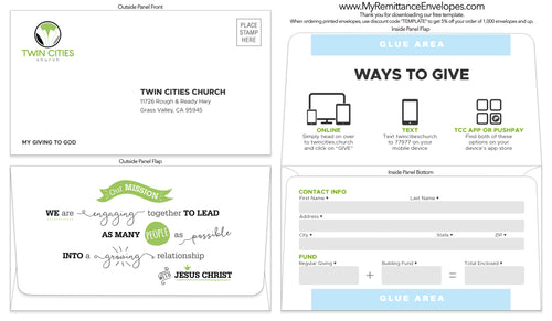 33,000 REMITTANCE ENVELOPES #6 3/4 - COLOR - TWIN CITIES CHURCH ($87/1000)